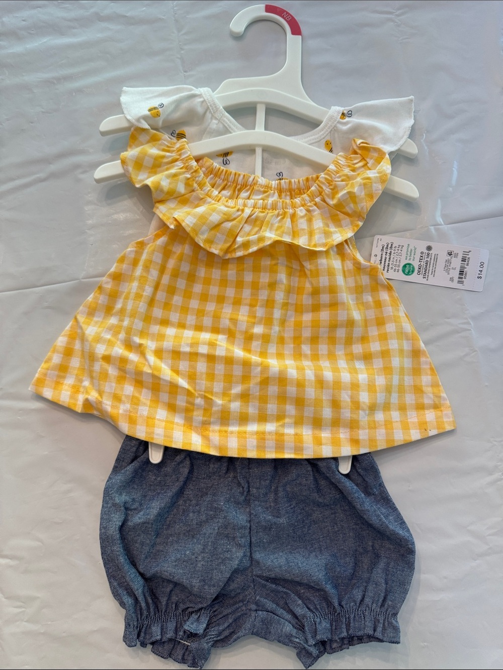 Infant Girls Yellow Gingham Ruffle Top & Chambray Bloomers Set